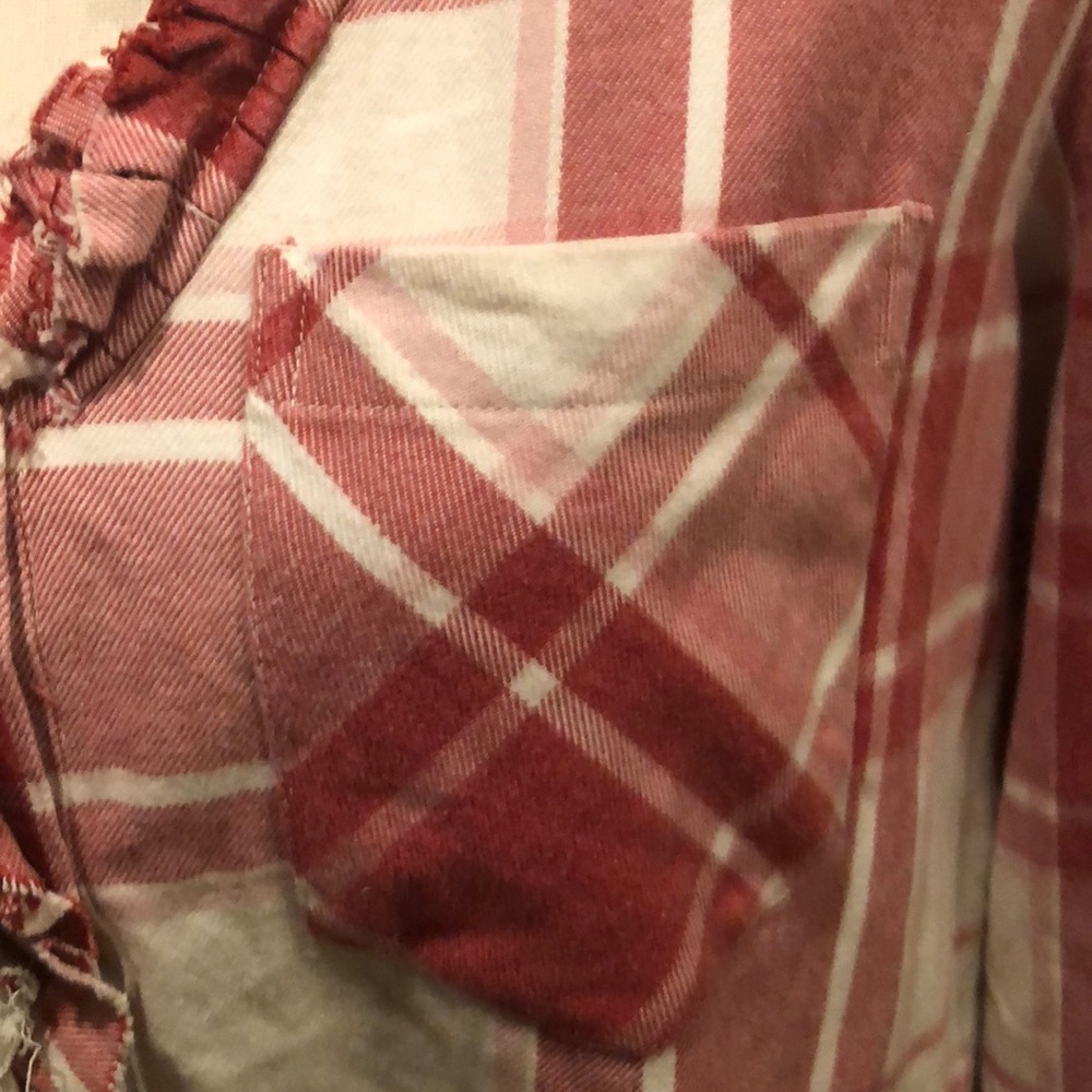 Free People Always Forever Ruffle Red Pink Plaid Flannel Top Small - Picture 7 of 12